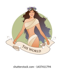 Major Arcana Emblem Tarot Card. The World. Beautiful, with long hair isolated on white background