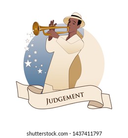 Major Arcana Emblem Tarot Card. Judgement. Archangel with great wings, wearing hat playing the trumpet, isolated on white background
