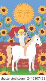 Major Arcana tarot card design. Hand drawn cartoon flat style. The Sun