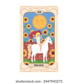 Major Arcana tarot card design. Hand drawn cartoon flat style. The Sun