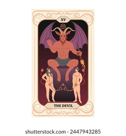 Diseño de la tarjeta del tarot Arcana. Dibujado a mano de dibujos animados estilo plano. El Diablo