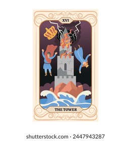 Major Arcana tarot card design. Hand drawn cartoon flat style.The Tower