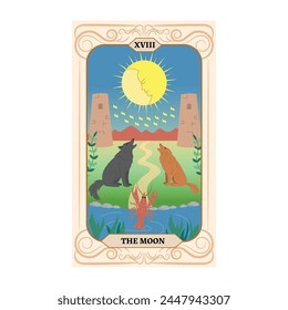 Major Arcana tarot card design. Hand drawn cartoon flat style. The Moon