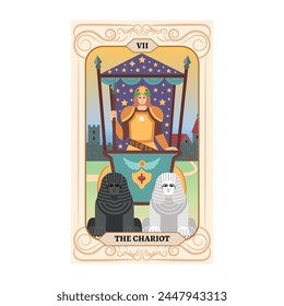 Major Arcana tarot card design. Hand drawn cartoon linear flat style. THE CHARIOT