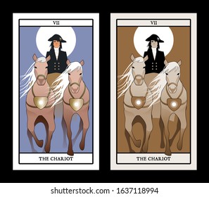 Major Arcana Tarot Cards. The Chariot. Sun Chariot pulled by two horses and driven by an elegant coachman in livery and hat