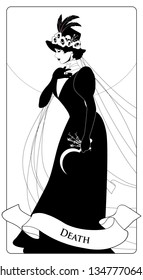 Major Arcana Tarot Cards. Death. Woman dressed in veils and ancient widow clothes carrying a sickle and a sprig of flowers in one hand. Hat decorated with feathers, roses and skull.