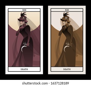 Major Arcana Tarot Cards. Death. Woman dressed in veils and ancient widow clothes carrying a sickle and a sprig of flowers in one hand. Hat decorated with feathers, roses and skull