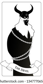 Major Arcana Tarot Cards. The Devil. Man wearing a mask and big horns, mustache, goatee and austere clothes from old times. Demon eyes and chains around his body.