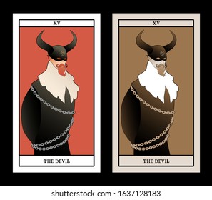 Major Arcana Tarot Cards. The Devil. Man wearing a mask and big horns, mustache, goatee and austere clothes from old times. Demon eyes and chains around his body