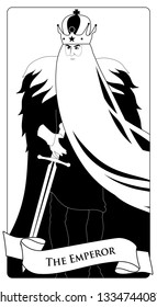 Major Arcana Tarot Cards. The Emperor. Man with crown and long white beard, fur cape and sword at the waist