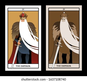 Major Arcana Tarot Cards. The Emperor. Man with crown and long white beard, fur cape and sword at the waist	