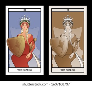 Major Arcana Tarot Cards. The Empress. Beautiful woman with long braids, sitting on a throne, holding a shield with and golden scepter shaped like a tulip.