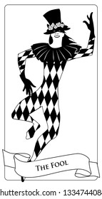 Major Arcana Tarot Cards. The Fool. Joker with top hat decorated with flowers, mask and rhombus suit dancing