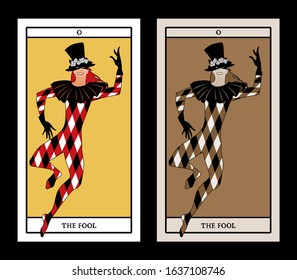 Major Arcana Tarot Cards. The Fool. Joker with top hat decorated with flowers, mask and rhombus suit dancing