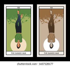 Major Arcana Tarot Cards. The Hanged Man. Man hanging from a tree, face down, subject of the right foot, with praying hands