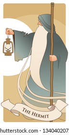 Major Arcana Tarot Cards. The Hermit. Old man with a long beard, wearing a long hooded robe, leaning on a staff and illuminating his path with an old lamp.