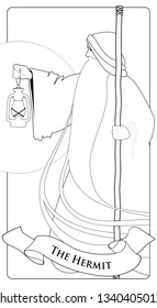 Major Arcana Tarot Cards. The Hermit. Old man with a long beard, wearing a long hooded robe, leaning on a staff and illuminating his path with an old lamp.