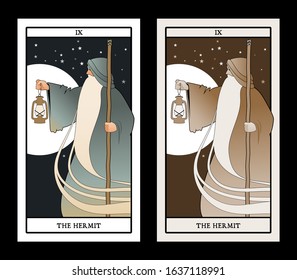 Major Arcana Tarot Cards. The Hermit. Old man with a long beard, wearing a long hooded robe, leaning on a staff and illuminating his path with an old lamp