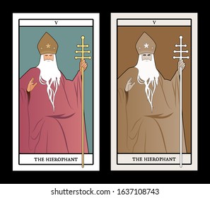 Major Arcana Tarot Cards. The Hierophant. Pope with white beard and miter with stars, holding a golden crosier, blessing with his right hand