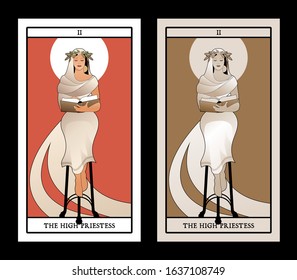 Major Arcana Tarot Cards. The High Priestess with a laurel wreath and aura around her head, reading a book sitting on a tripod, like a Greek pythia