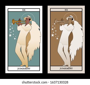 Major Arcana Tarot Cards. Judgement. Archangel With Great Wings, Wearing Hat Playing The Trumpet