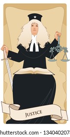 Major Arcana Tarot Cards. Justice. Woman dressed in a wig and judge's clothes, holding a sword in one hand and a scale in another, with an open book on the lap. 