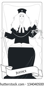 Major Arcana Tarot Cards. Justice. Woman dressed in a wig and judge's clothes, holding a sword in one hand and a scale in another, with an open book on the lap. 