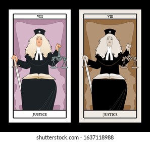 Major Arcana Tarot Cards. Justice. Woman dressed in a wig and judge's clothes, holding a sword in one hand and a scale in another, with an open book on the lap