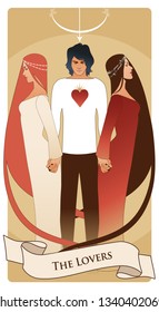 Major Arcana Tarot Cards. The Lovers. Young man holding two beautiful women by the hand. T-shirt with heart on the chest and bow and arrow on his head.