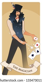 Major Arcana Tarot Cards. The Magician with mustache and top hat, holding a magic wand doing magic with playing cards.