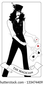 Major Arcana Tarot Cards. The Magician with mustache and top hat, holding a magic wand doing magic with playing cards.