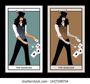 Major Arcana Tarot Cards. The Magician with mustache and top hat, holding a magic wand doing magic with playing cards.	