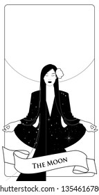 Major Arcana Tarot Cards. The Moon. Beautiful girl meditating in lotus position and full moon in the background. Constellation clothes, long dark hair and red flower in the hair.