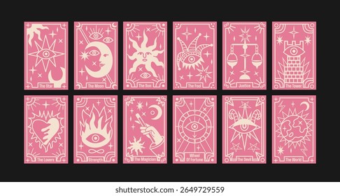 Cartas de tarô Arcana principais em estilo de desenho animado retrô. Cartazes místicos com personagens simbólicos: O Sol, A Lua, A Estrela, A Torre, O Tolo. Fortune contando cena. Ilustração em estilo de desenho animado retrô