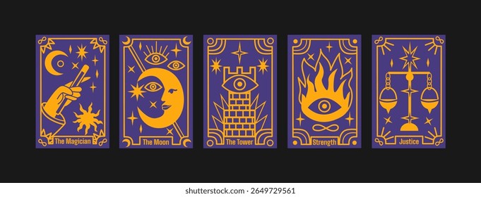 Major Arcana tarot cards in retro cartoon style. Mystical posters with symbolic characters: The Sun, The Moon, The Star, The Tower, The Fool. Fortune telling scene. Illustration in retro cartoon style