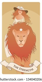 Major Arcana Tarot Cards. The Strength. Beautiful and young girl wearing a hat adorned with a flower and the symbol of infinity, riding on the back of a domesticated lion.