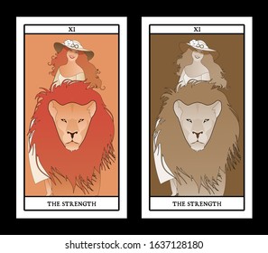 Major Arcana Tarot Cards. The Strength. Beautiful and young girl wearing a hat adorned with a flower and the symbol of infinity, riding on the back of a domesticated lion