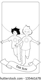 Major Arcana Tarot Cards. The Sun. Two happy twin boys running with open arms in front of the sun