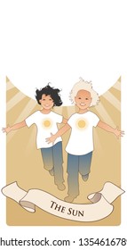 Major Arcana Tarot Cards. The Sun. Two happy twin boys running with open arms in front of the sun