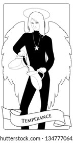 Major Arcana Tarot Cards. Temperance. Angel with appearance and clothes of young man, great wings, hair fair, pouring water from one jug to another