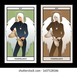 Major Arcana Tarot Cards. Temperance. Angel with appearance and clothes of young man, great wings, hair fair, pouring water from one jug to another