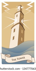 Major Arcana Tarot Cards. The Tower. Large tower over raging sea, under the storm and hurt by lightning.