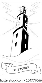 Major Arcana Tarot Cards. The Tower. Large tower over raging sea, under the storm and hurt by lightning.