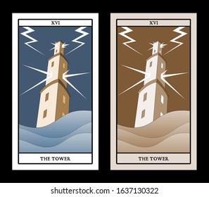 Major Arcana Tarot Cards. The Tower. Large tower over raging sea, under the storm and hurt by lightning