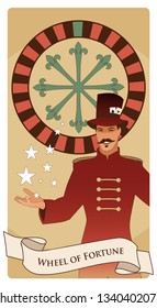 Major Arcana Tarot Cards. The Wheel of Fortune. Master of ceremonies with mustache, wearing top hat adorned with playing cards, showing a casino roulette