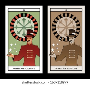 Major Arcana Tarot Cards. The Wheel of Fortune. Master of ceremonies with mustache, wearing top hat adorned with playing cards, showing a casino roulette