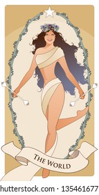 Major Arcana Tarot Cards.The World. Beautiful dancer girl, with long hair, dancing through a garland of flowers.