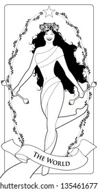 Major Arcana Tarot Cards.The World. Beautiful dancer girl, with long hair, dancing through a garland of flowers.