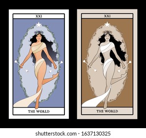 Major Arcana Tarot Cards.The World. Beautiful dancer girl, with long hair, dancing through a garland of flowers