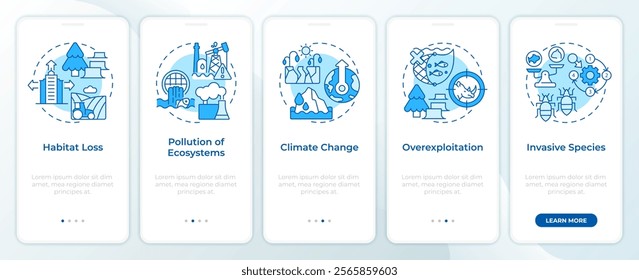 Major causes of biodiversity loss blue onboarding mobile app screen. Walkthrough 5 steps editable instructions with linear concepts. UI, UX, GUI template